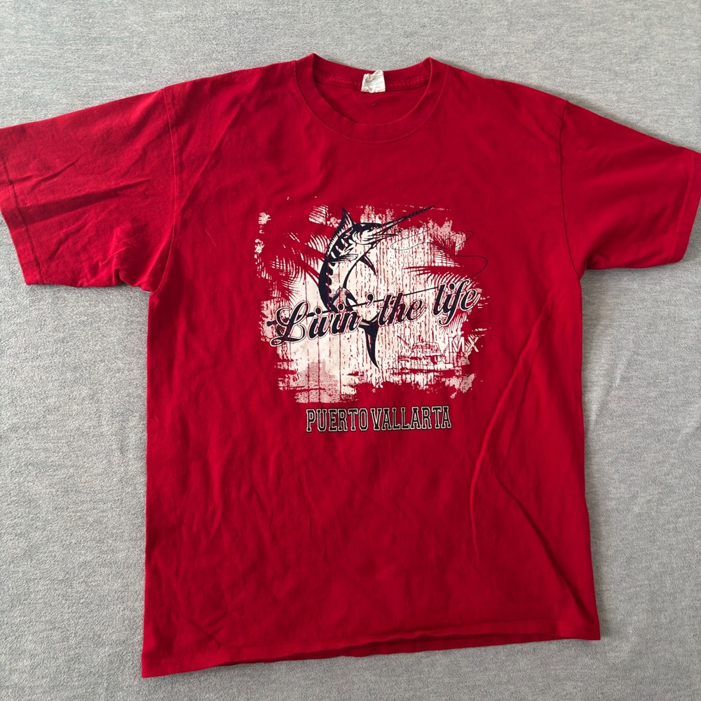 Yazbek Puerto Vallarta Marlin Graphic T-Shirt Mens Large Red Livin the Life Tee